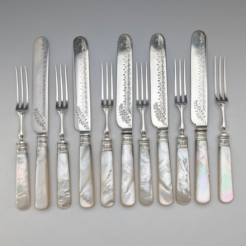 Late 19th Century British Antique Mother of Pearl Handle Tea Cutlery 5.5 Pair Christopher Johnson